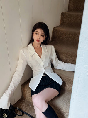 White Collared Long-sleeved Shirt For Women, Slim Fit, Waist-cinching Design, Unique And Stylish Top.