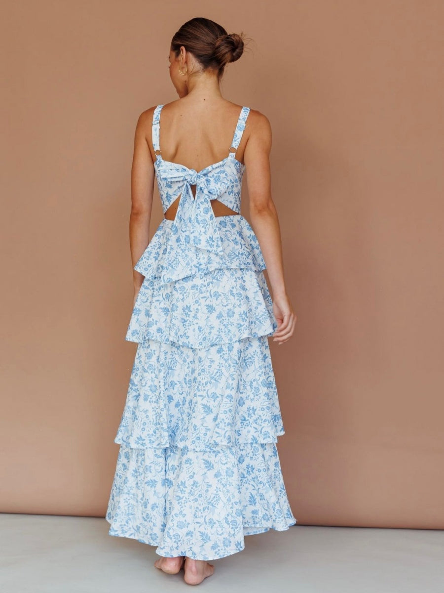 Floral Bow Tie Back Tiered Ruffle Maxi Dress
