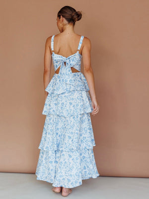 Floral Bow Tie Back Tiered Ruffle Maxi Dress