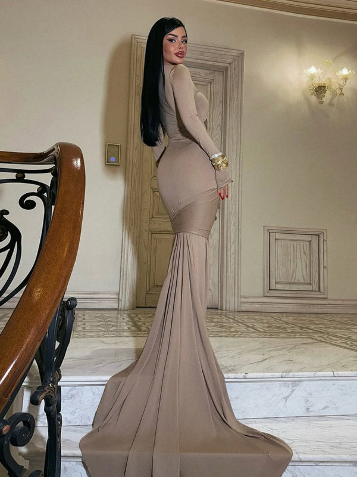Backless Hollow Long Sleeve Solid Color Temperament Dress Sexy Slim Long Dress