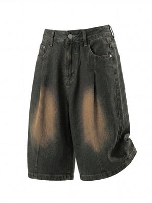 Distressed Washed Gathering 7 Points Denim Shorts