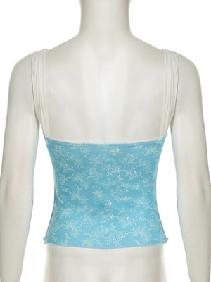 Lace Trim Bow Print Slimming And Waist-cinching Backless Tank Top