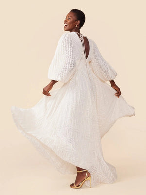 V-neck Textured Fabric Grace White Loose Cocktail Party Lawn Party Maxi Dresses