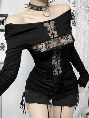 Y2K Off-shoulder Lace Patchwork Hollow Out Long-sleeved Top