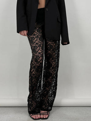 Lace See-through High-waisted Splicing Sexy Mesh High-elasticity Trousers