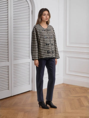 Liber Autumn women's houndstooth stitching round neck coat jacket