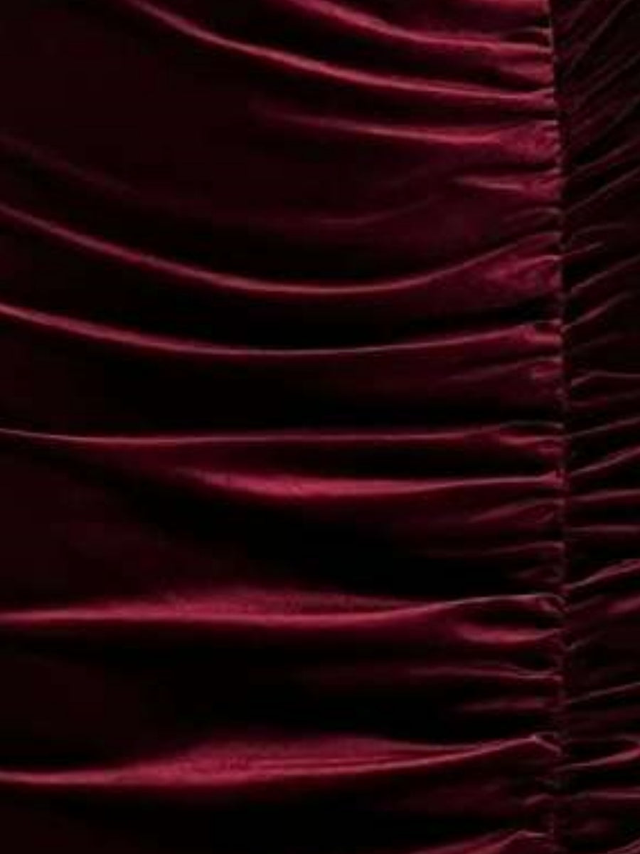 Sleeveless Turtleneck Burgundy Velvet Pleated High Slit Parties Long Evening Dress