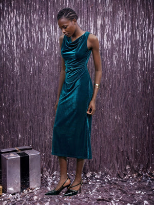 Sleeveless With Slit Draped Collar Velvet Grace Formal Cocktail Midi Dress