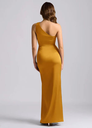 Asymmetrical Shoulder Pleated Satin Solid Color Maxi Dresses