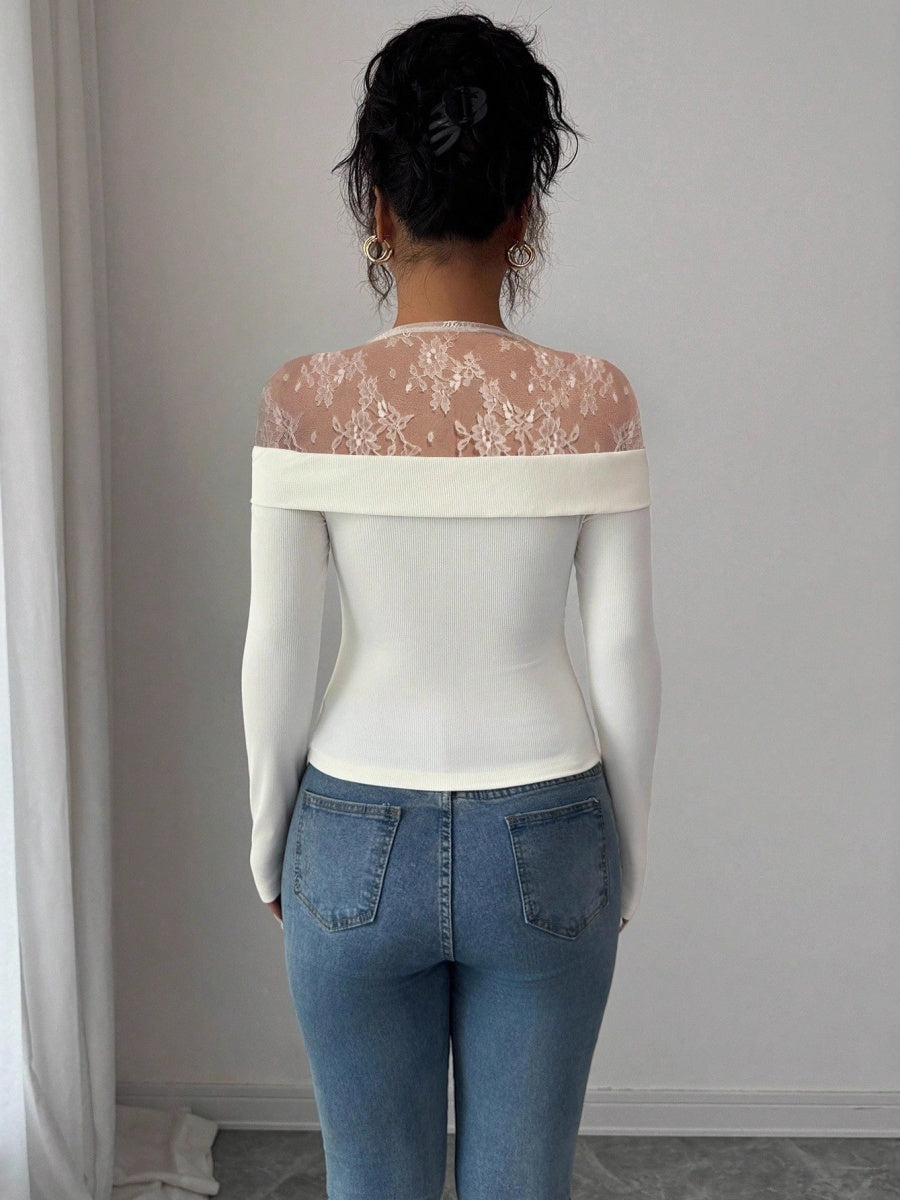 Pullover Lace Stand Collar Splicing T-shirts Pair With Corsage Elegant Mesh/sheer Top