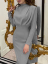 High Neck Style Gathering Long Sleeve Hip-hugging Dinner Cocktail Maxi Dress