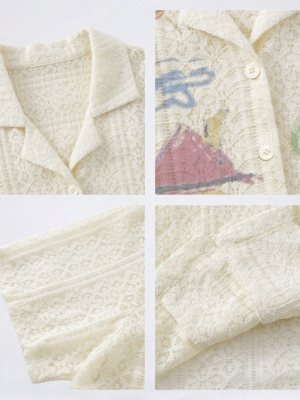 Hand-drawn Graffiti Printed Beach Vacation Lace Shirts