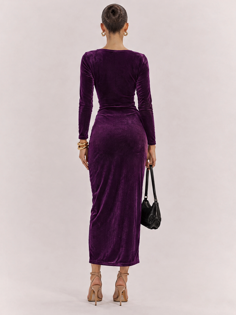 Goose Down V-neck Dress, Slim Fit, Pleated Patchwork, Irregular Skirt, Elegant Long Dress