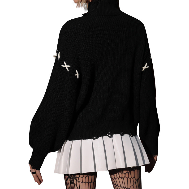 Pullover Bandages Cross Contrast Color Sweater