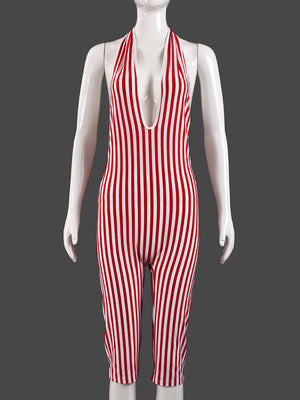 Striped Color Blocking Deep V-neck Backless Strappy Jumpsuits