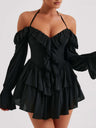 Ruffle Halter Neck Low-cut  Flare Sleeve Sweet Mini&Short Dresses