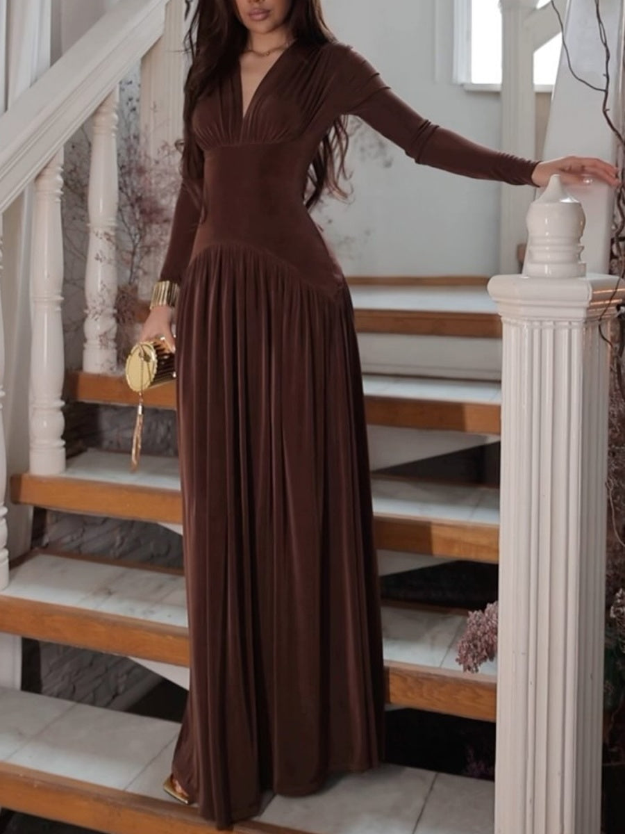 Velvet Slim Fit Solid Color Elegant Long Dress