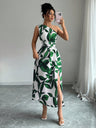Sloping Shoulders Printed Slit Vacation Leisure Maxi Dresses