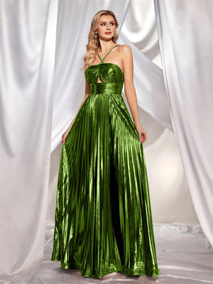 Metallic Strapless Style Crimp Slit Thin Strap Sleeveless Backless Cocktail Party Parties Formal Dress Long Dress