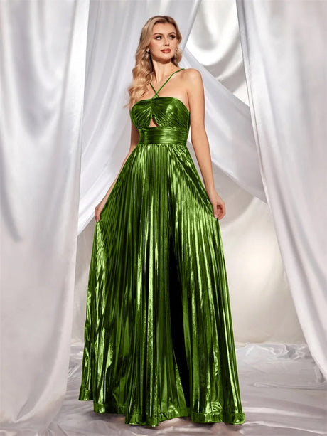 Metallic Strapless Style Crimp Slit Thin Strap Sleeveless Backless Cocktail Party Parties Formal Dress Long Dress