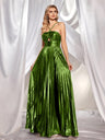 Metallic Strapless Style Crimp Slit Thin Strap Sleeveless Backless Cocktail Party Parties Formal Dress Long Dress