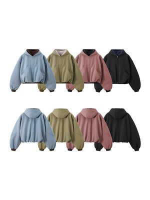 Short Plush Ins Contrasting Colors Hooded Zipper Jacket