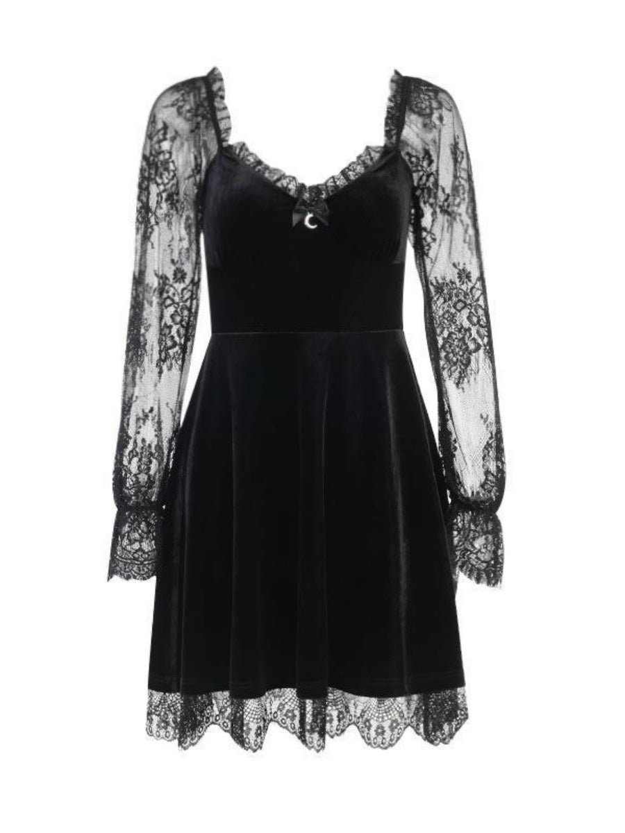 Halloween Lace Velvet Long Sleeve Midi Dresses