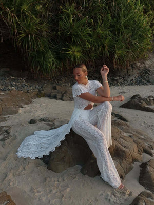 Lace Stand Collar Slit Shirts Wide-leg Pants Set 2-piece Sets