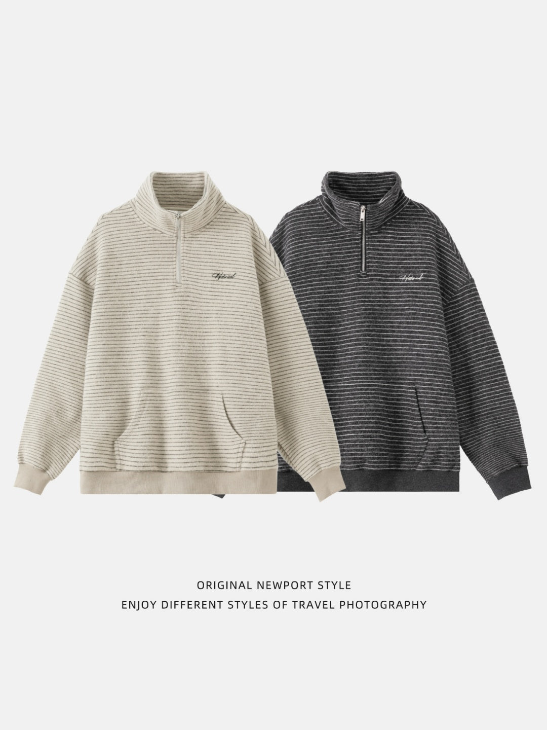 Stripes Stand Collar Half Zipper Letter Embroidery Sweatshirts