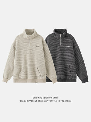 Stripes Stand Collar Half Zipper Letter Embroidery Sweatshirts