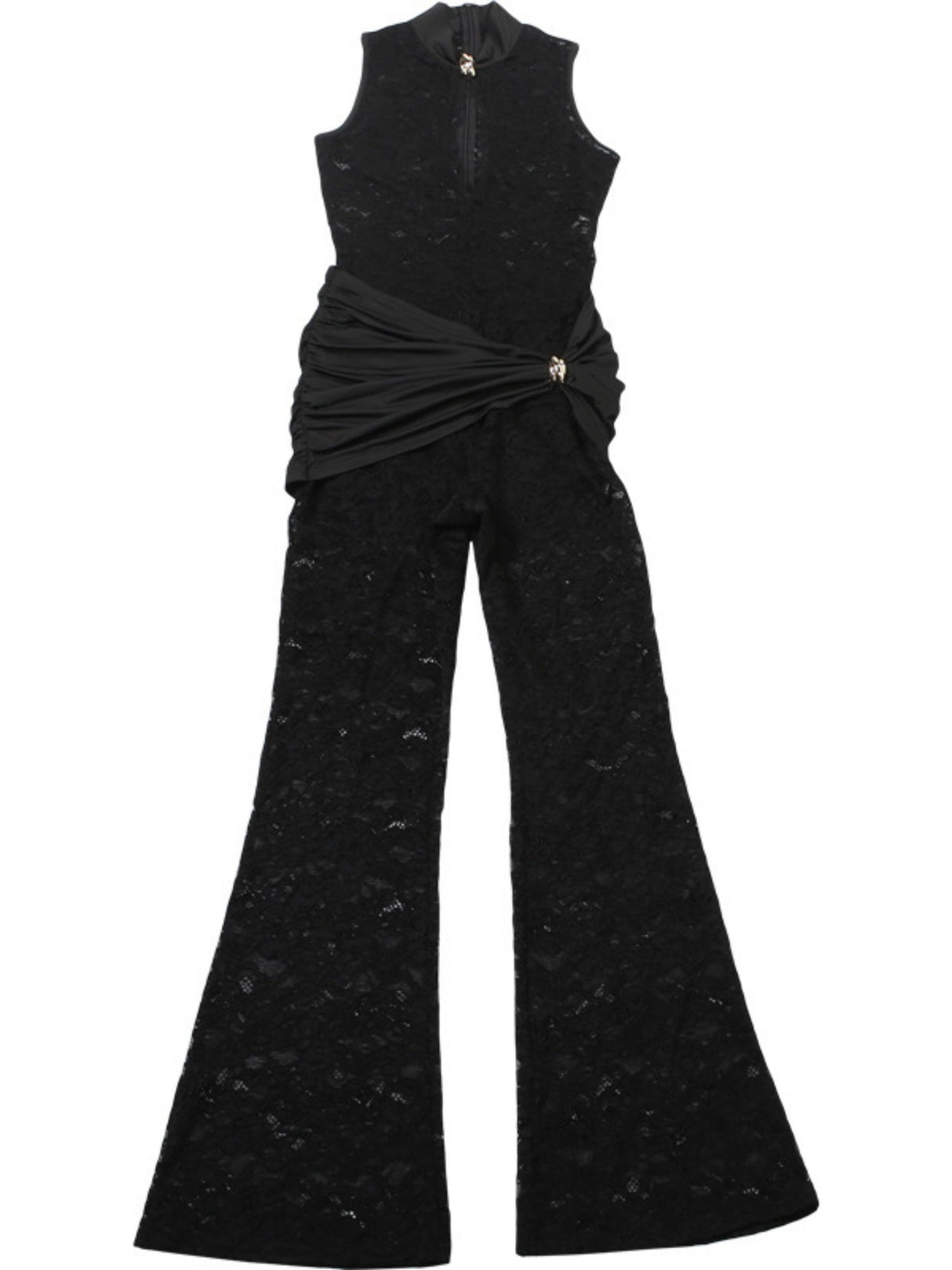 Lace Patchwork Sleeveless Sexy High-waisted Slim Fit Flares Buttons Jumpsuits&Bodysuits