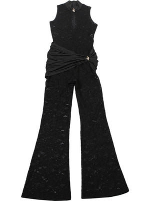 Lace Patchwork Sleeveless Sexy High-waisted Slim Fit Flares Buttons Jumpsuits&Bodysuits