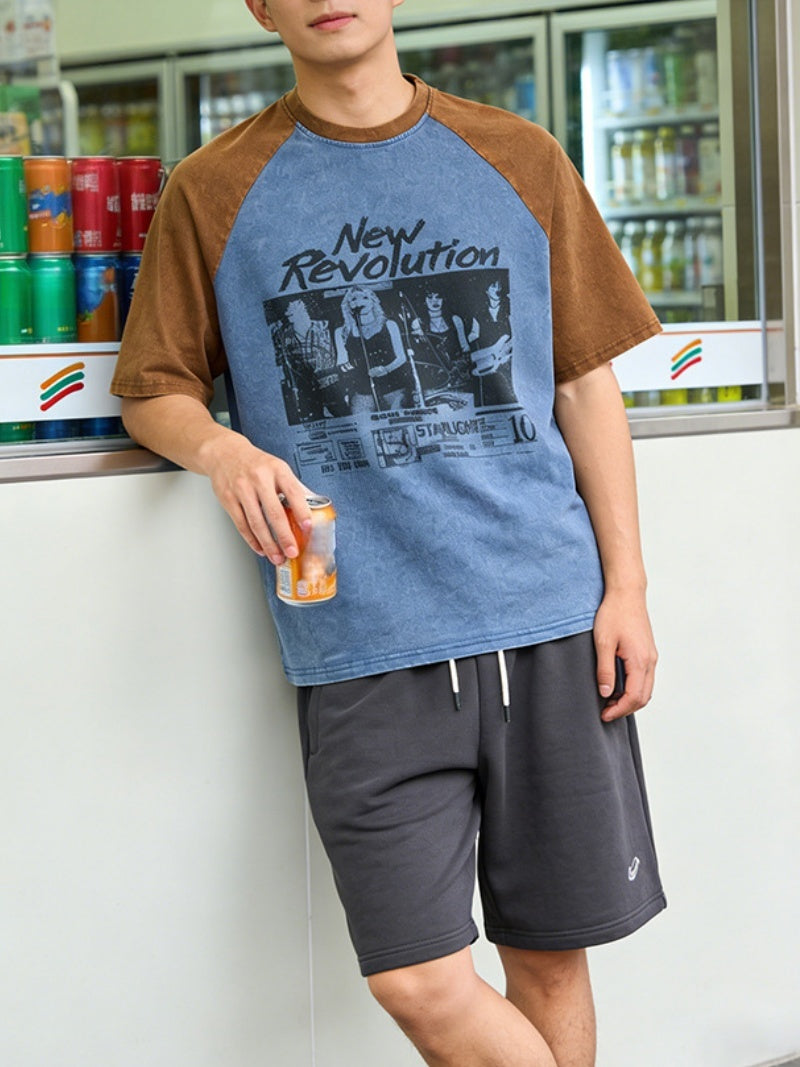 Rock Band Printed Distressed Color-blocked T-shirts