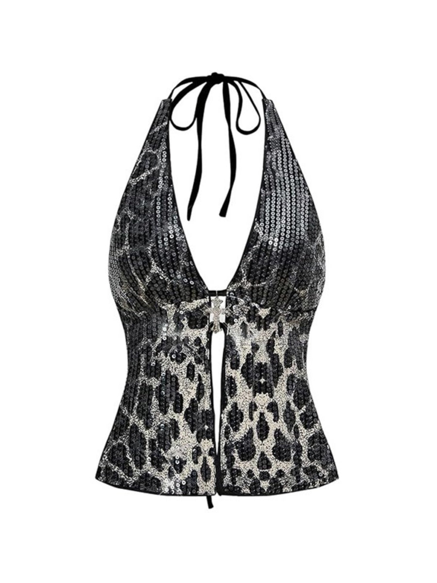 Sequins Leopard Backless Halter Parties Tank Tops