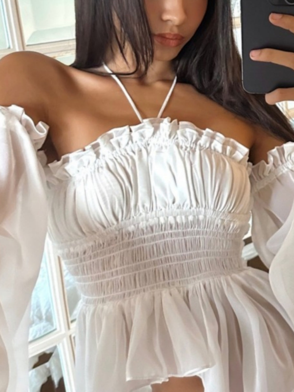 Ruffle Pleated Mesh See-through Off-shoulder Lantern Long Sleeves Neckband T-shirts
