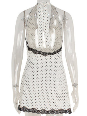Polka Dots V-neck With Lace Trim Halter Neck And Backless Mini&Short Dresses