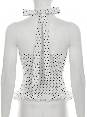 Polka Dots Wavy Lace Chest Pleats Neck Strap Tank Tops&Camis