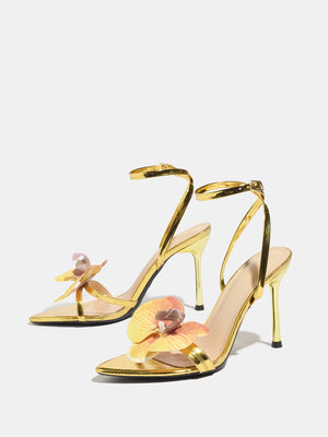 3D Floral Gold High-heeled Sandals