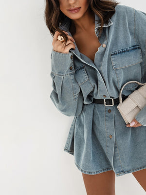 Long Sleeve Pocket Distressed Retro Loose-fit Denim Shirt Dress