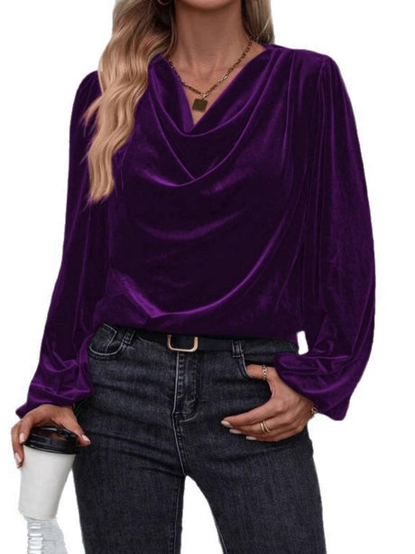 Pullover Collar Velvet Long Sleeve Pleated Grace Blouse