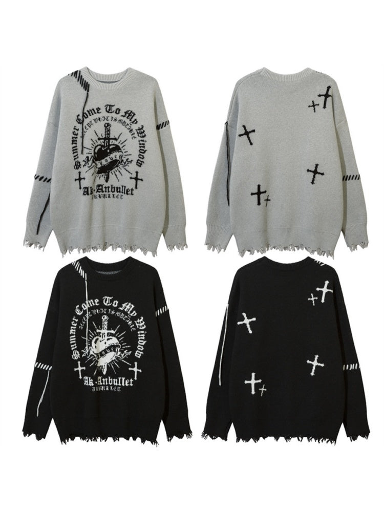 Halloween Dark Cross Jacquard Contrasting Colors Sutures Cut Destroy Sweater