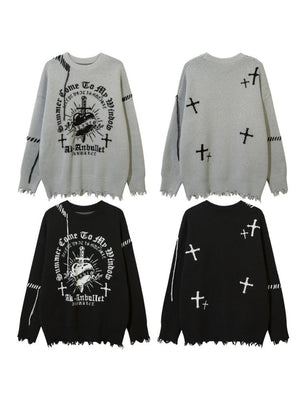 Halloween Dark Cross Jacquard Contrasting Colors Sutures Cut Destroy Sweater
