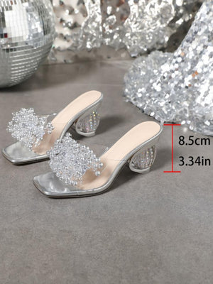 Beaded Flower Transparent High-Heeled Sandals