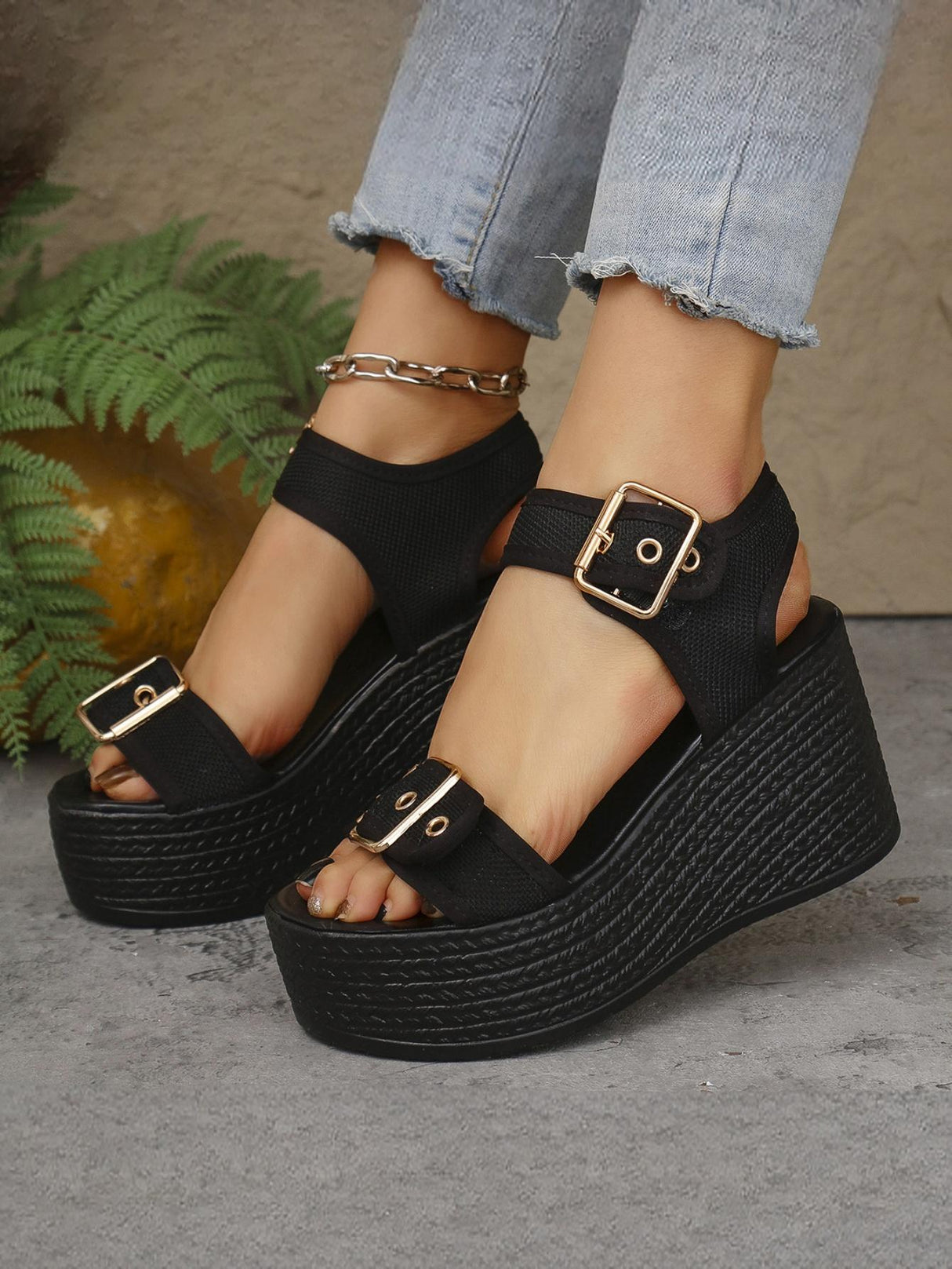 Metal Buckle Vacation Wedge Platform Sandals
