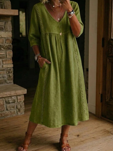 Lace Trim Linen Cotton V-neck Maxi Dresses