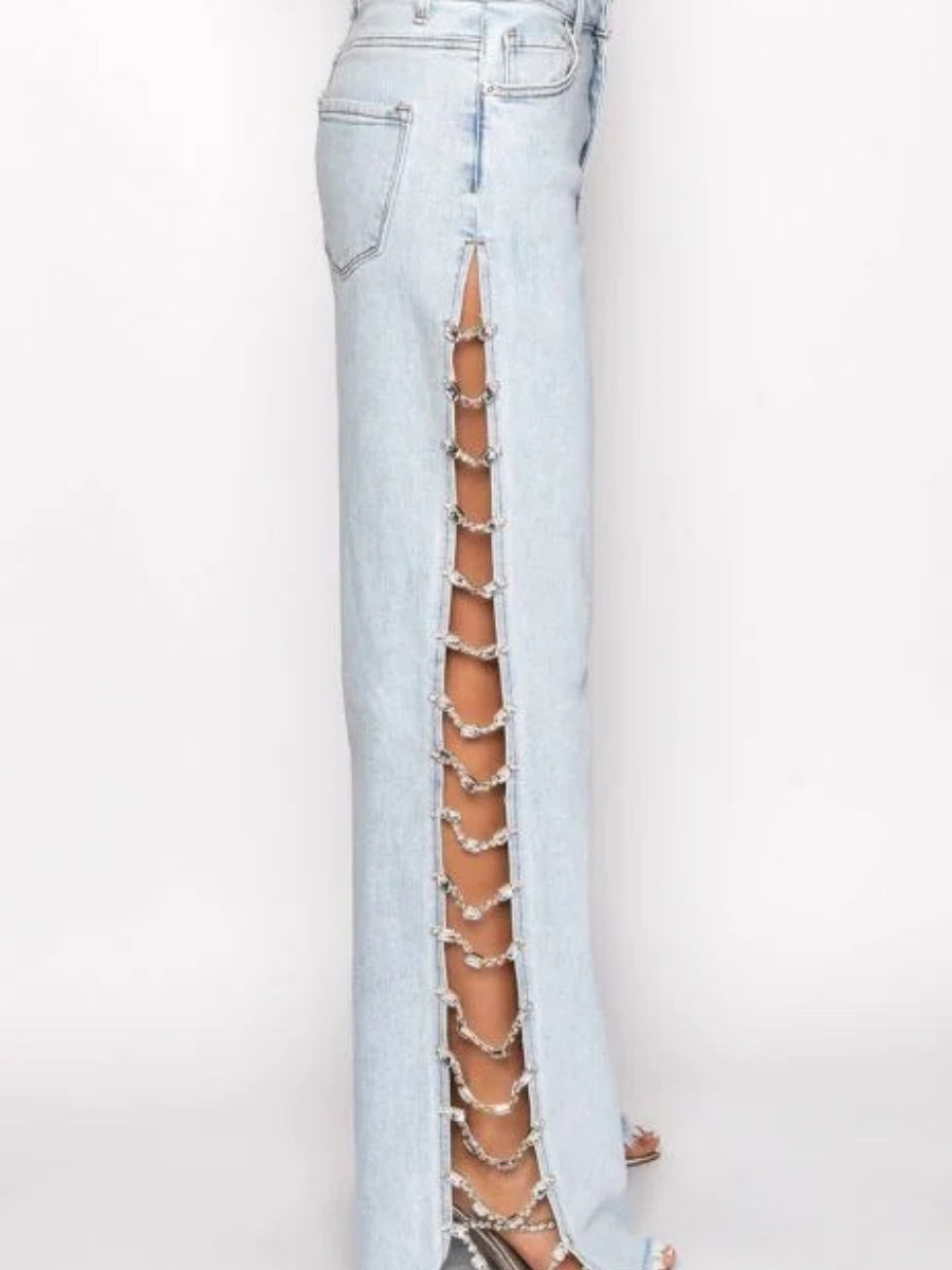 Liber Autumn Women's Ripped Chain Hollow Design Pants