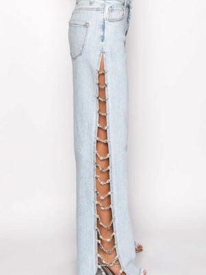 Liber Autumn Women's Ripped Chain Hollow Design Pants