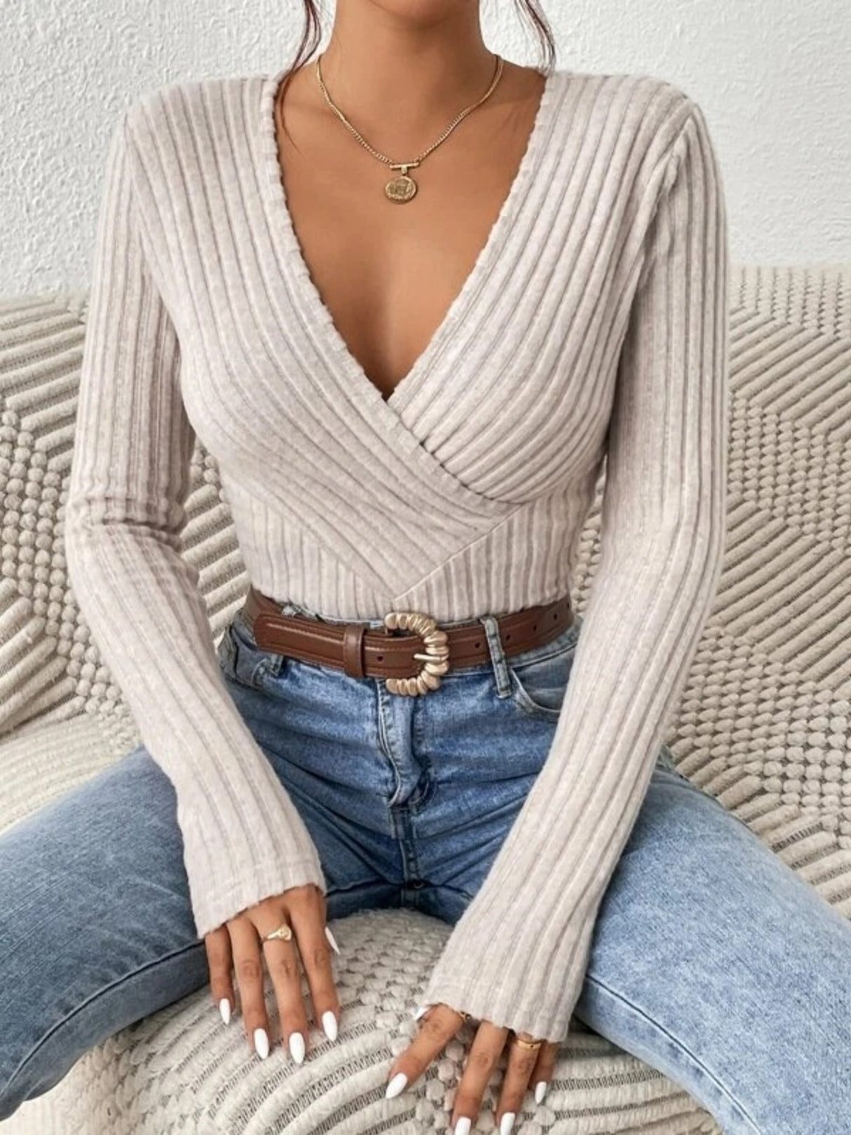V-neck Crossover Long-sleeved Brushed Ribbed Knit T-shirt/sweater