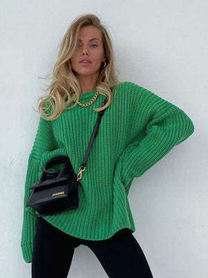 Liber Crew Neck Loose Solid Color Knitted Sweater