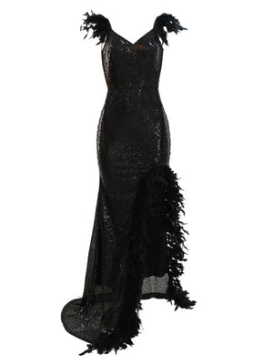 Feather Splicing Sequined V-neck Backless Evening Gown High-slit Suspenders Maxi Dresses
